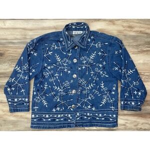 VTG Keren Hart Patchwork Denim Jacket‎ Women's XL Blue Embroidered